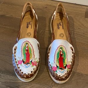 Handmade Leather Virgin Mary Sandals, Guadalupe Leather Shoes Made in Mexico